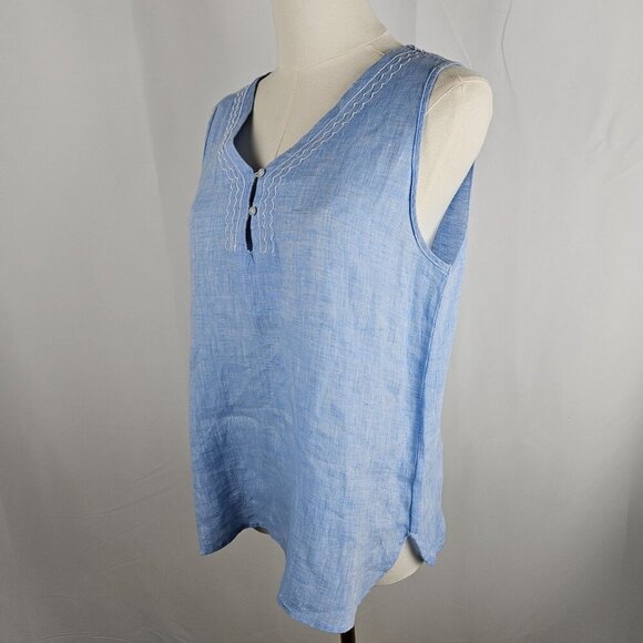 Hiho Blue Linen Sleeveless Tunic Top Small Scalloped V-Neck Coastal Resort - Picture 3 of 8
